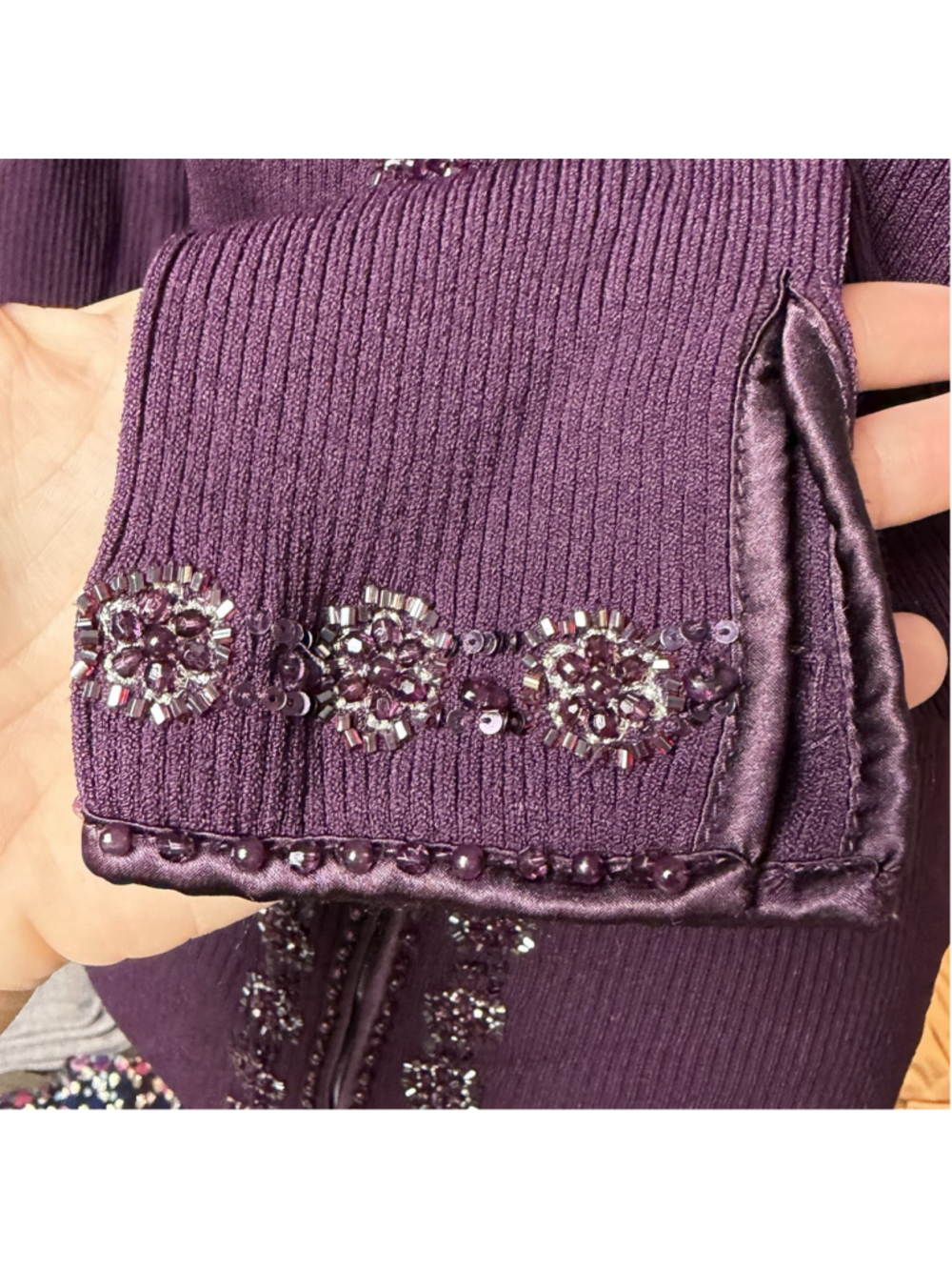 Cache Y2K 90s Purple M Gabrielle Solis Off Shoulder Beaded Zip Up Sweater Ribbed - Picture 14 of 16